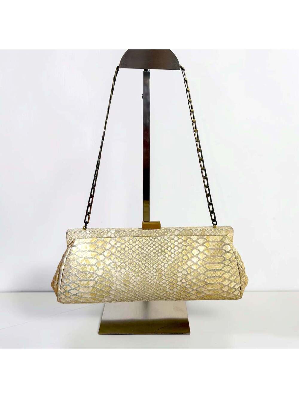 Inge Christopher Champagne Metallic Snakeskin Leather Frame Clutch Evening Bag - Picture 2 of 7